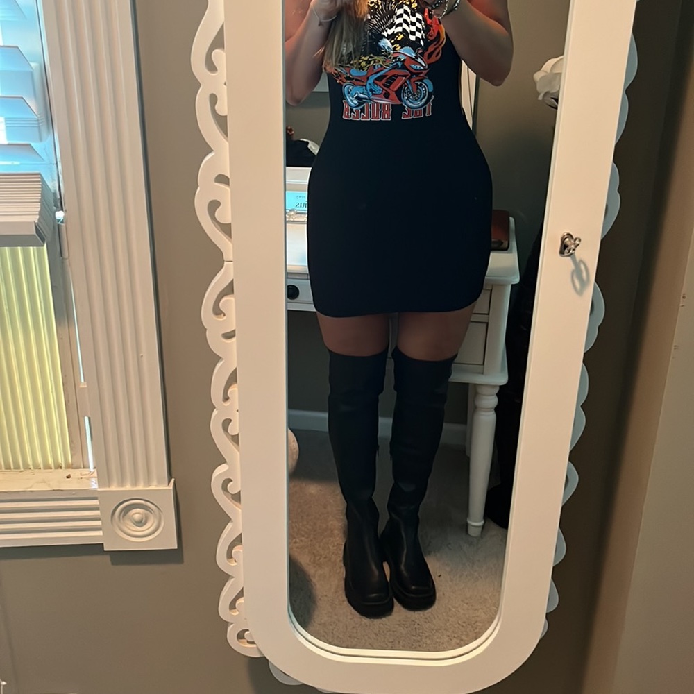 Chunky black pleather thigh high boots- barely worn